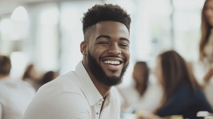 Young Employee Laughing with Colleagues in Office Break Room