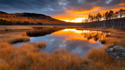 Golden autumn light reflects on tranquil lake surrounded by trees