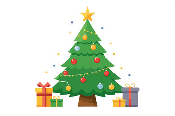 Decorated Christmas tree with gifts on a white background