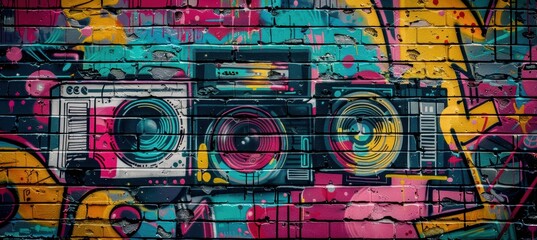 Fototapeta premium Retro 90s Graffiti Banner with Neon Colors and Boom Box on Brick Wall for Urban Street Art Design