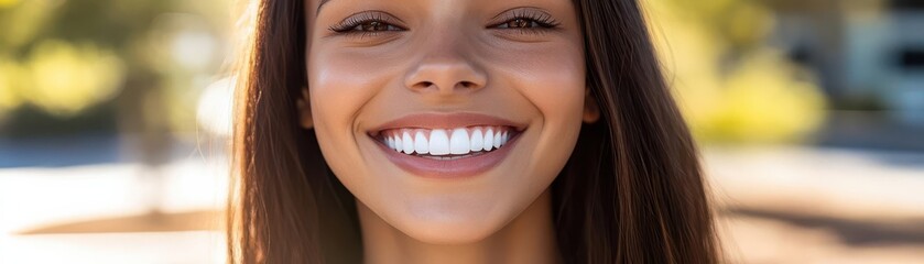 Radiant young woman smiling, perfect white teeth, sunny outdoor background, natural charm