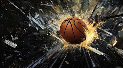 An abstract digital artwork featuring the silhouette of a basketball, dynamic lighting effects, and a dramatic explosion effect