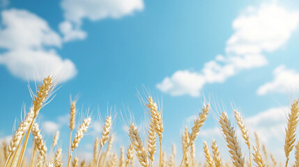 Fototapeta premium field of ripening wheat against the blue sky. Spikelets of wheat with grain shakes wind. grain harvest ripens in summer. 