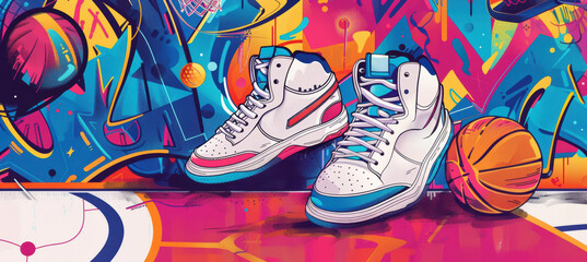 Naklejka premium Retro 90s Basketball Culture Banner with Sneakers and Colorful Graffiti Background