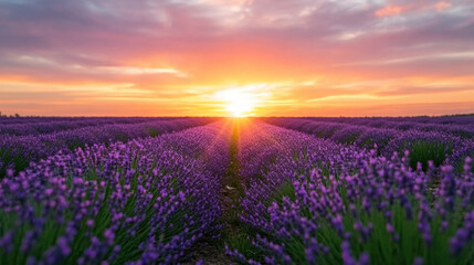Obraz premium Lavender fields at sunset create serene and tranquil atmosphere