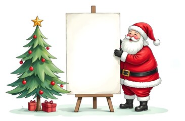 Santa Claus with stand and Christmas tree on white background. Copy space for text. Painted template.