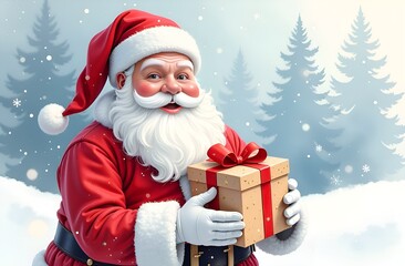 Santa Claus holding a gift box. Winter card. 