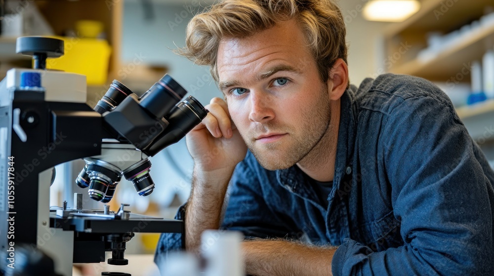 Poster a young man leaning on a microscope in a laboratory setting