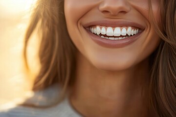 Obraz premium Woman s cheerful smile, flawless white teeth, golden sunlight, warm and inviting