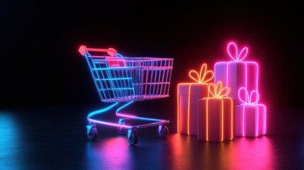 A vibrant shopping cart stands next to several glowing gift boxes all illuminated with colorful neon lights. This creates a joyful shopping ambiance suitable for a celebration