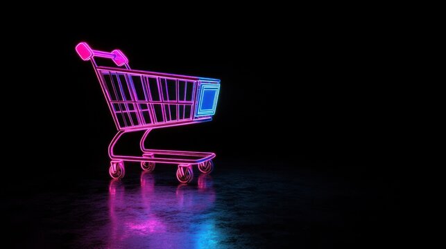 A vibrant 3D shopping cart icon showcases neon hues against a black background creating a modern and futuristic look ideal for digital shopping and e-commerce designs