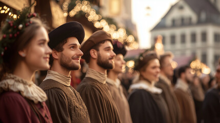 Obraz premium Street Performance in Christmas Costumes at a Bustling Market