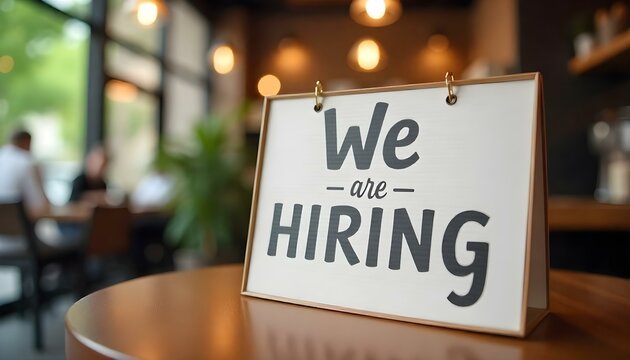 We Are Hiring sign in a warm cafe, staff wanted, job opportunity