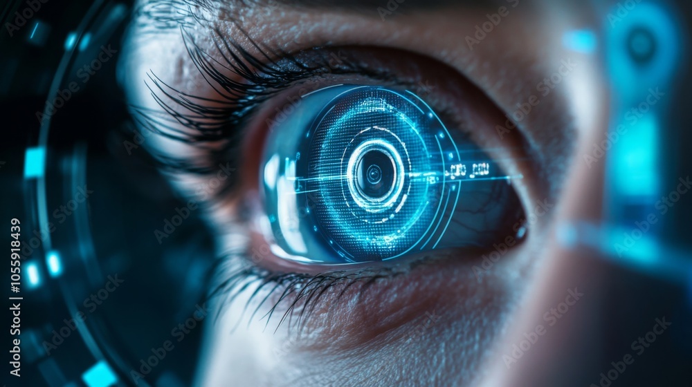 Fototapete This close-up of an eye showcases intricate digital patterns and glowing blue elements, evoking advanced technology and a sci-fi theme of innovation and exploration.