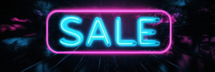 A vibrant neon sign features the word SALE illuminated in bright cyan and pink set against a dark background. Below there is plenty of blank space ideal for additional promotional text