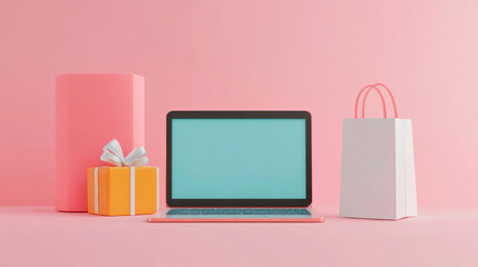 This lively setting showcases a laptop with a blank screen alongside a colorful gift box and a shopping bag all arranged neatly against a soft pink backdrop creating an inviting atmosphere