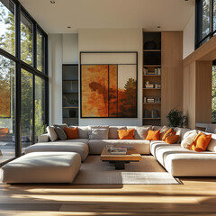 modern living room featuring spacious sectional sofa adorned with orange cushions, complemented by wooden coffee table. Large windows allow natural light to illuminate space, enhancing warm tones of