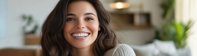 Woman with open smile, white teeth, casual setting, inviting and genuine expression