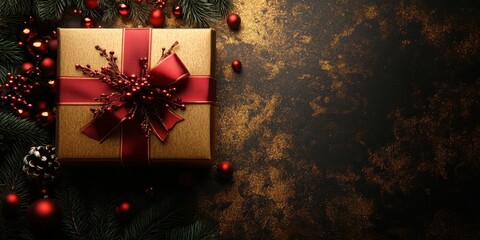 Festive gift box with red ribbon and pinecones on gold and black background for christmas decor