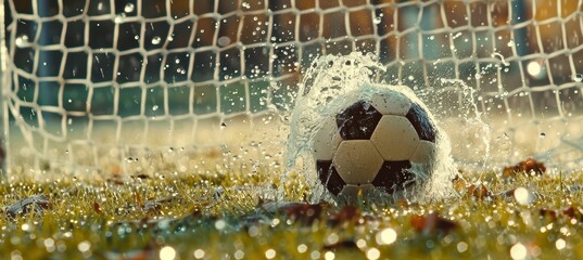 Dramatic Final Goal Moment: Soccer Ball in Motion on Rainy Field