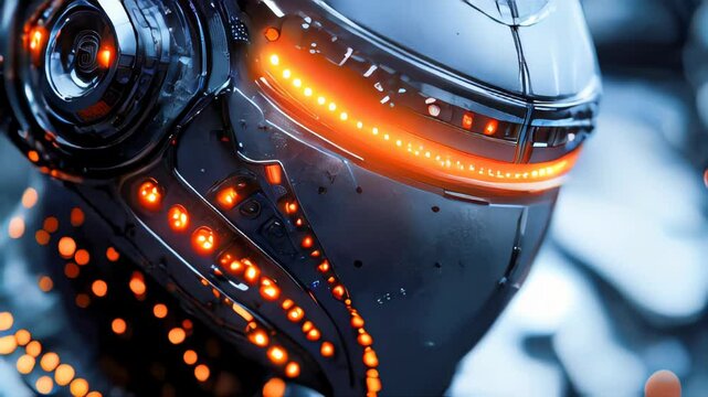 Detailed view of a futuristic robot helmet with glowing orange lights, showcasing intricate design and technology elements