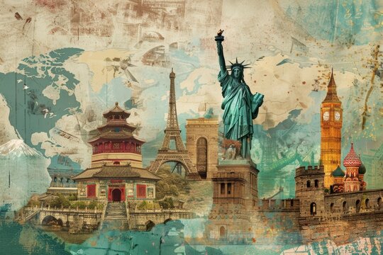 Global Travel Icons Collage Featuring Eiffel Tower and Statue of Liberty