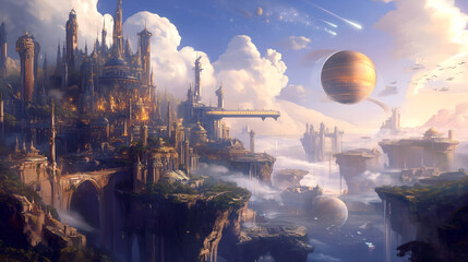Futuristic Sky City with Floating Planets and Majestic Architecture