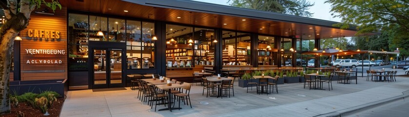 A restaurant with a large patio area and a sign that says "Carves"