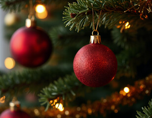 A close-up of a Christmas tree branch decorated with shiny red and gold baubles