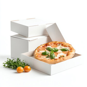 Freshly baked pizza in a white box with ingredients, ready for delivery or takeout, showcasing a delicious culinary treat.