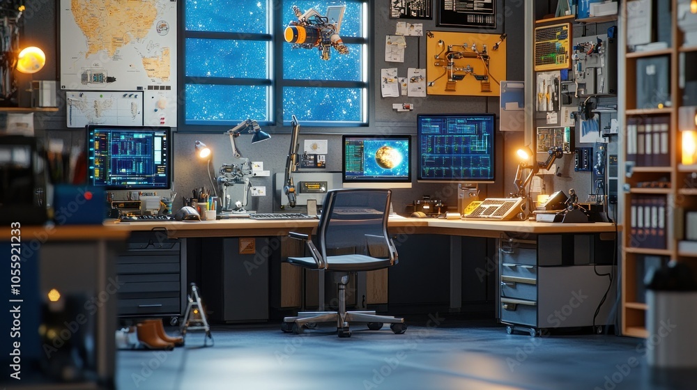 Poster A Futuristic Office with a View of a Space Station Orbiting a Planet