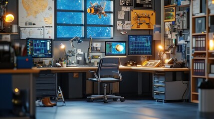 A Futuristic Office with a View of a Space Station Orbiting a Planet