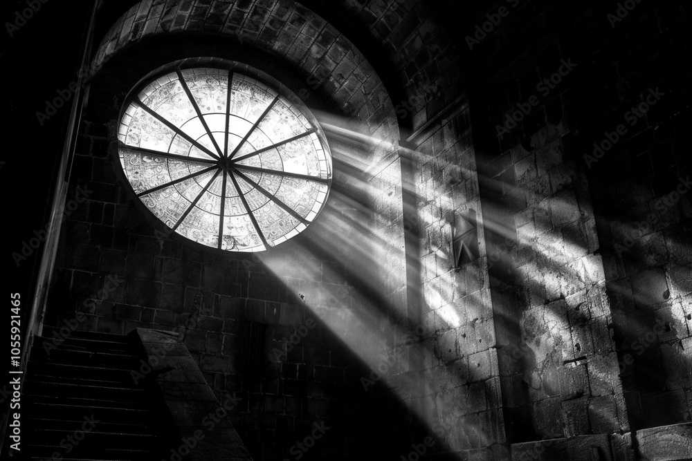 Poster a window with a round shape and a light shining through it
