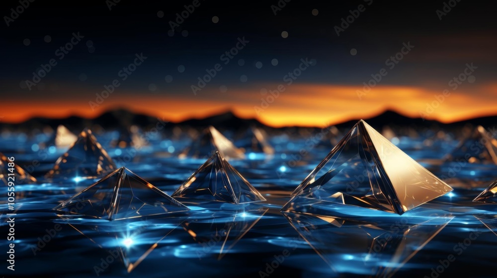 Wall mural a series of pyramid shaped objects are floating in the water