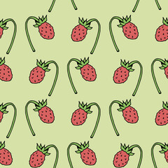 Seamless background with magical wild strawberries on green background.eps