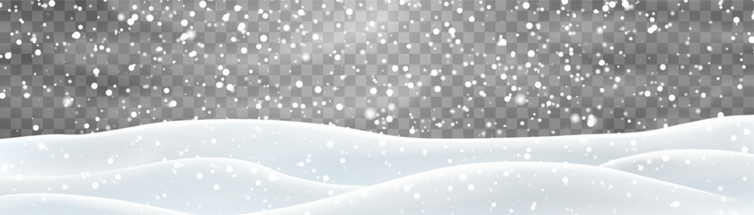 Snow flakes, snow and blizzard falling on snowdrifts. Snow landscape decoration, frozen hills isolated on png background. Vector heavy snowfall with snowbanks field. Christmas vector illustration