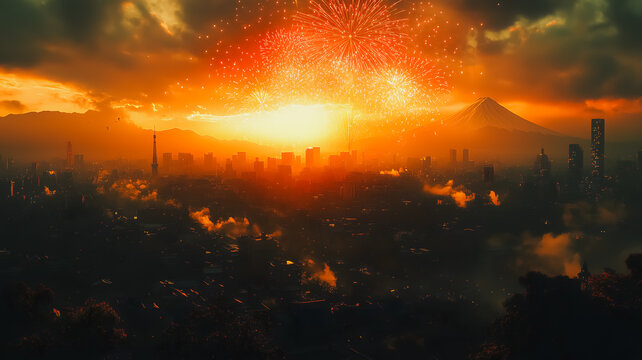 A city skyline with a large mountain in the background. The sky is orange and the city is lit upain in the background