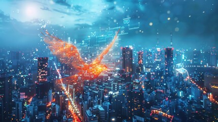 Fototapeta premium Digital Phoenix Rising Over Cityscape: Symbol of Change in Tech and Business Innovation