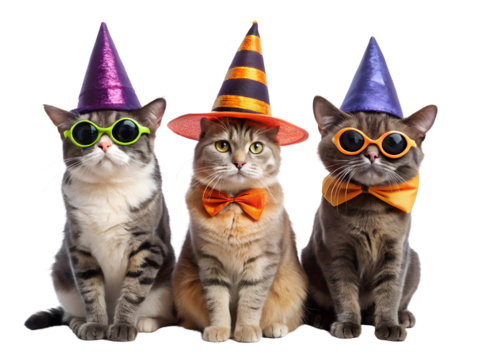 Set of various cats in Halloween outfits witch hats and sunglasses. Cute funny Halloween cats on transparent background, Png Element, Png Photo