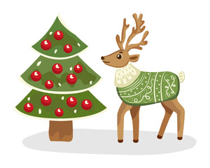 Christmas, New Year reindeer with festive Christmas tree with red balls Vector illustration of reindeer with antlers and for decorating cards, banners and holiday packages Isolated on white background