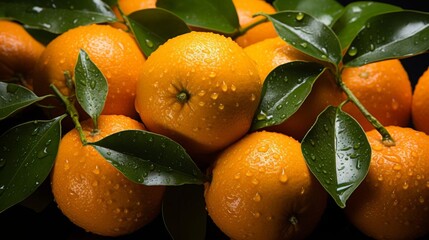 A bunch of oranges with green leaves on top