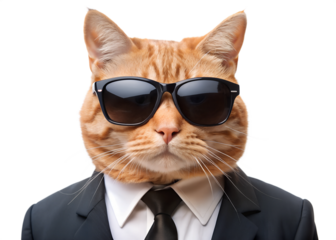 Cat Boss in businessman suit wearing black sunglasses. Humorous portrait of serious adorable ginger cat businessman on transparent background, Png Element, Png Photo