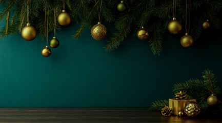 A dark green background with golden Christmas decorations and pine branches hanging on the wall, with some gift boxes placed below