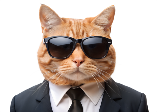 Cat Boss in businessman suit wearing black sunglasses. Humorous portrait of serious adorable ginger cat businessman on transparent background, Png Element, Png Photo