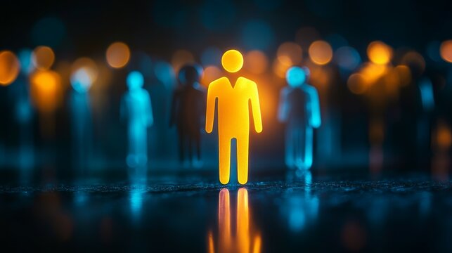 A conceptual photo of a human figure icon in a group of divers people standing out, symbolizing recruitment or talent selection