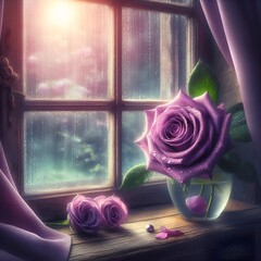 a violet rose beside a window