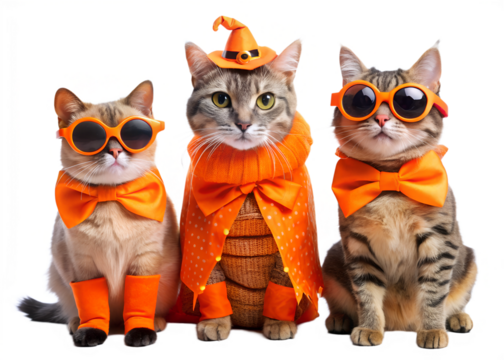 Set of costumed Halloween cats. Funny cute cats wearing Halloween orange outfits bows and sunglasses on transparent background, Png Element, Png Photo