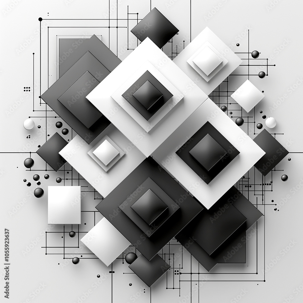 Poster dynamic geometric pattern of three-dimensional shapes in monochrome composition