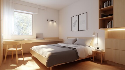 Fototapeta premium Cozy and minimalist bedroom showcasing natural light and contemporary design elements, perfect for relaxation and study