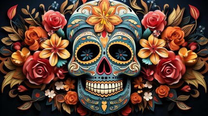 A skull with flowers and leaves surrounding it